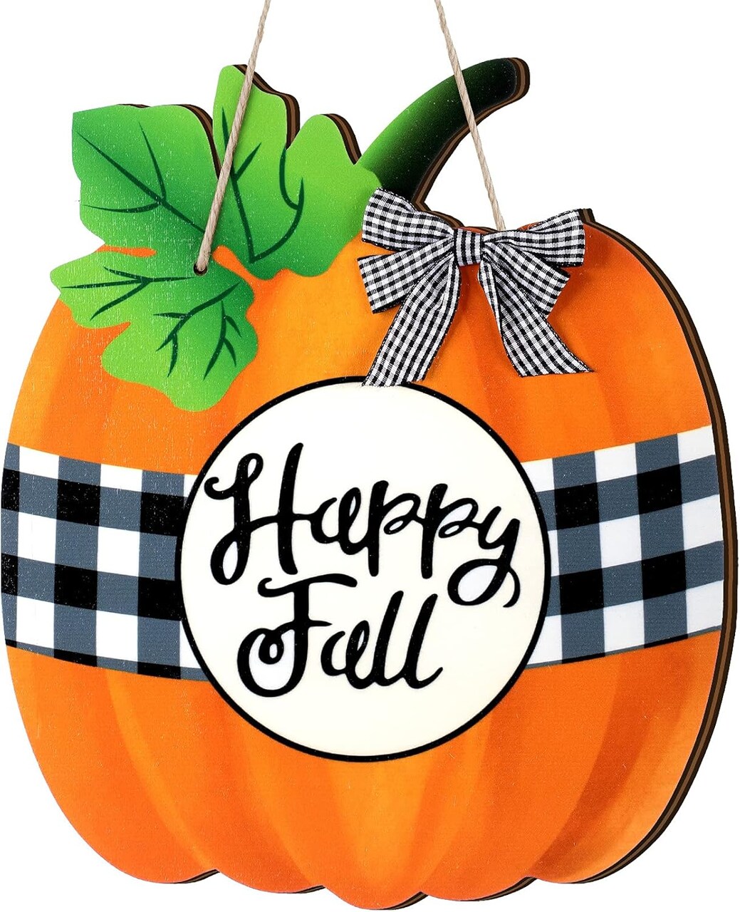 Happy Fall Pumpkin Door Sign – Rustic Thanksgiving Hanging Decor, Autumn Harvest Wooden Wall Sign with Buffalo Plaid Design, Indoor/Outdoor Front Door Decoration for Home & Holiday Celebrations